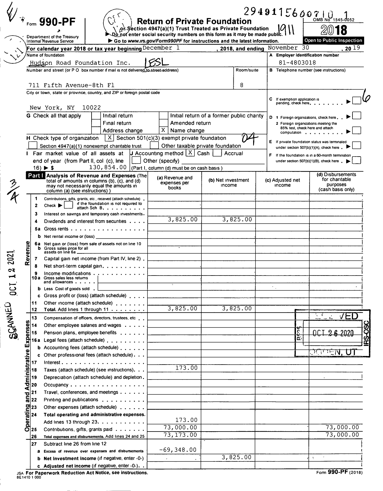 Image of first page of 2018 Form 990PF for Hudson Road Foundation