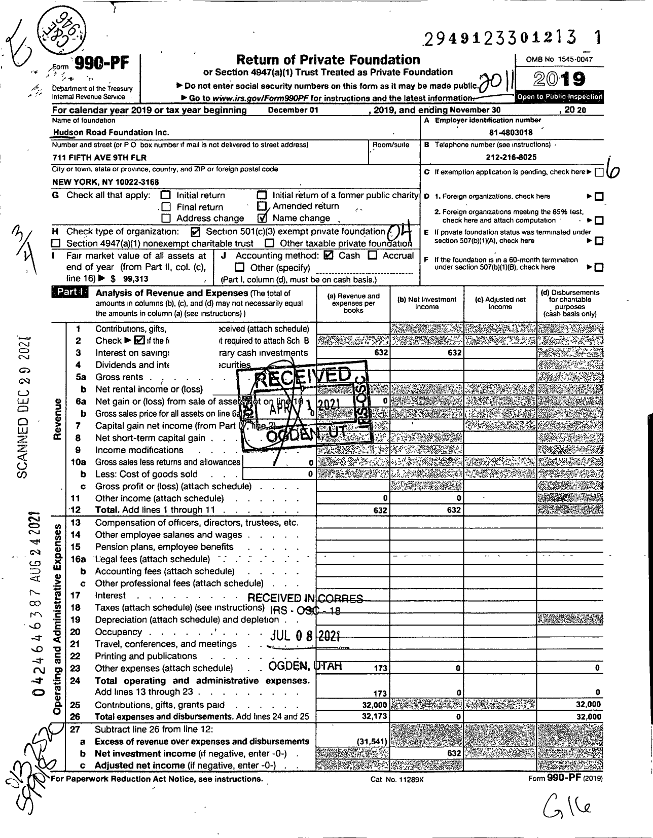 Image of first page of 2019 Form 990PF for Hudson Road Foundation