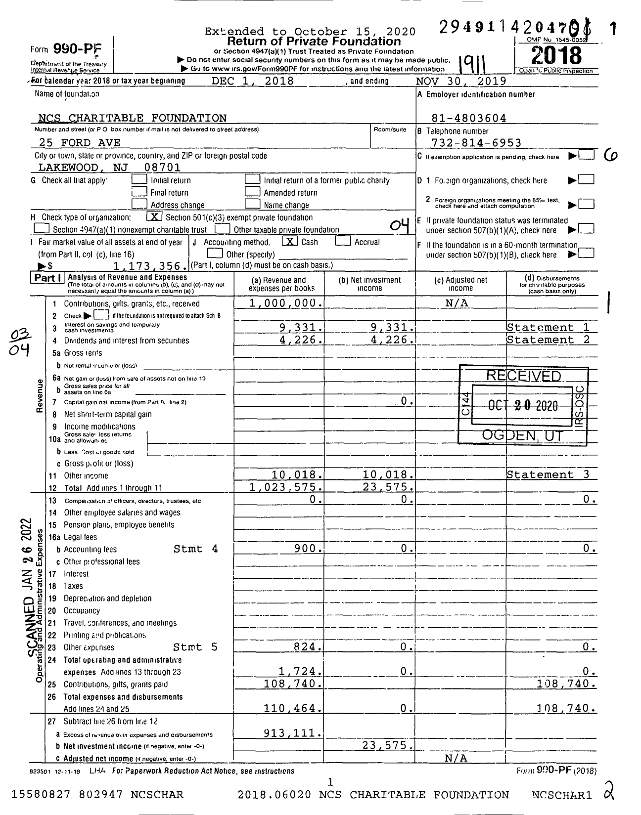 Image of first page of 2018 Form 990PF for NCS Charitable Foundation