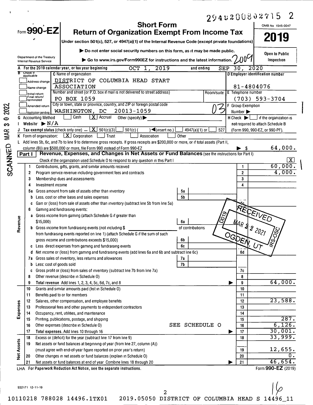 Image of first page of 2019 Form 990EZ for District of Columbia Head Start Association