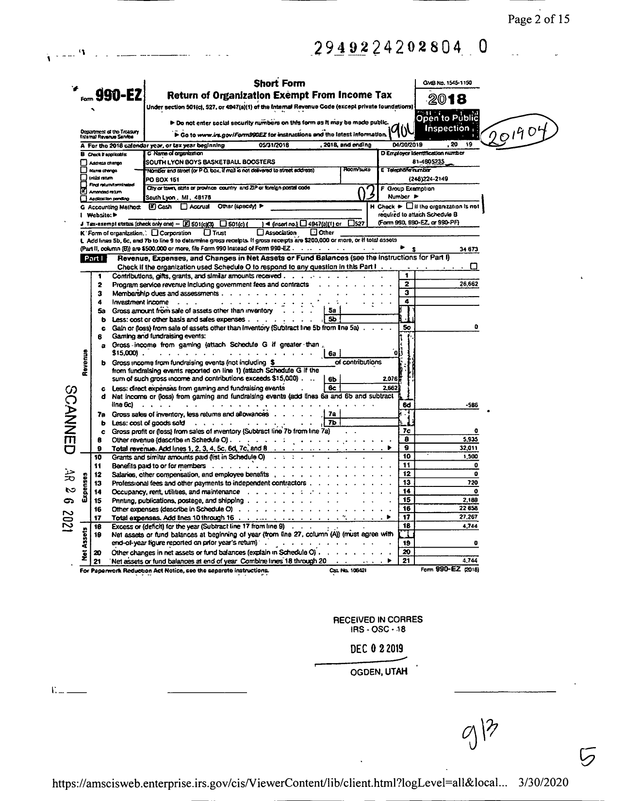 Image of first page of 2018 Form 990EZ for South Lyon Boys Basketball Boosters