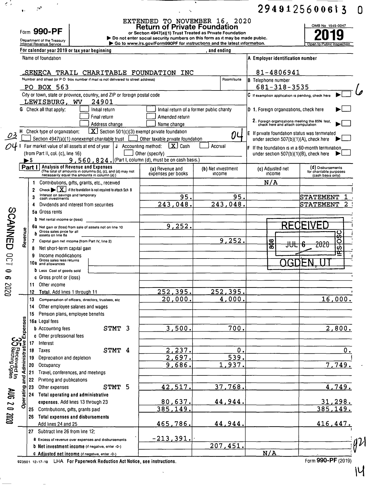 Image of first page of 2019 Form 990PR for Seneca Trail Charitable Foundation