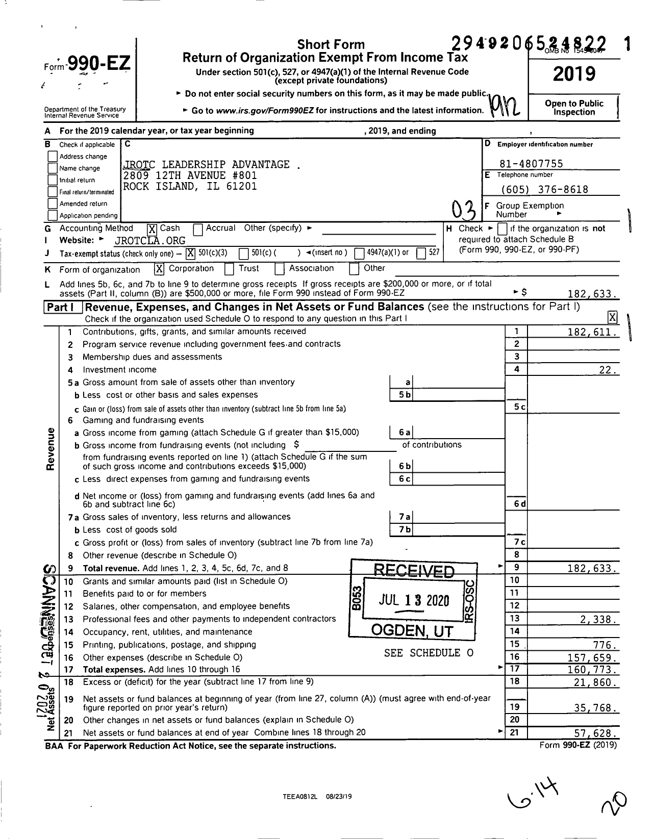 Image of first page of 2019 Form 990EZ for Jrotc Leadership Advantage