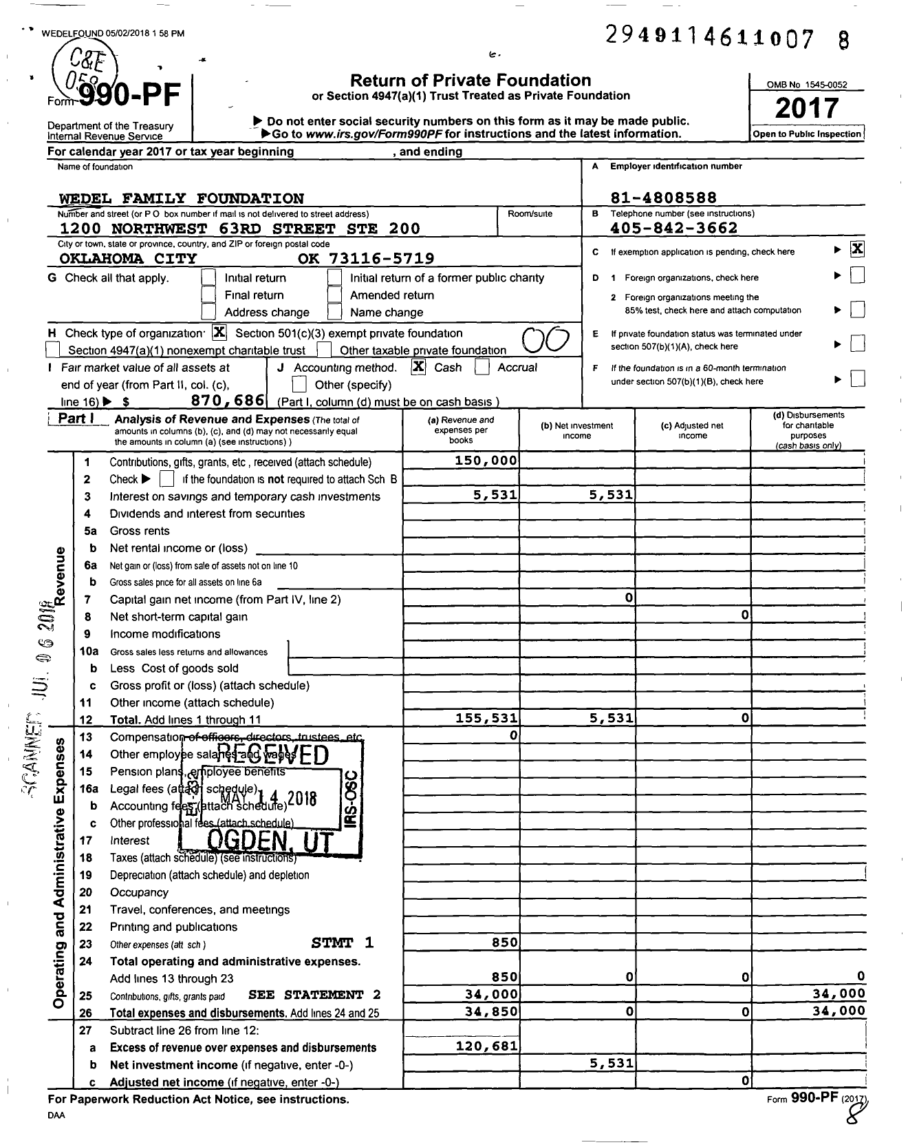 Image of first page of 2017 Form 990PF for Jac Foundation