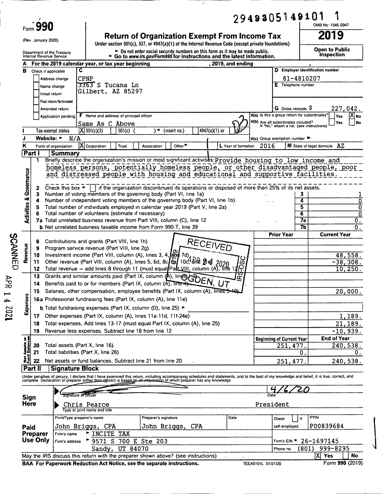 Image of first page of 2019 Form 990 for CPNP