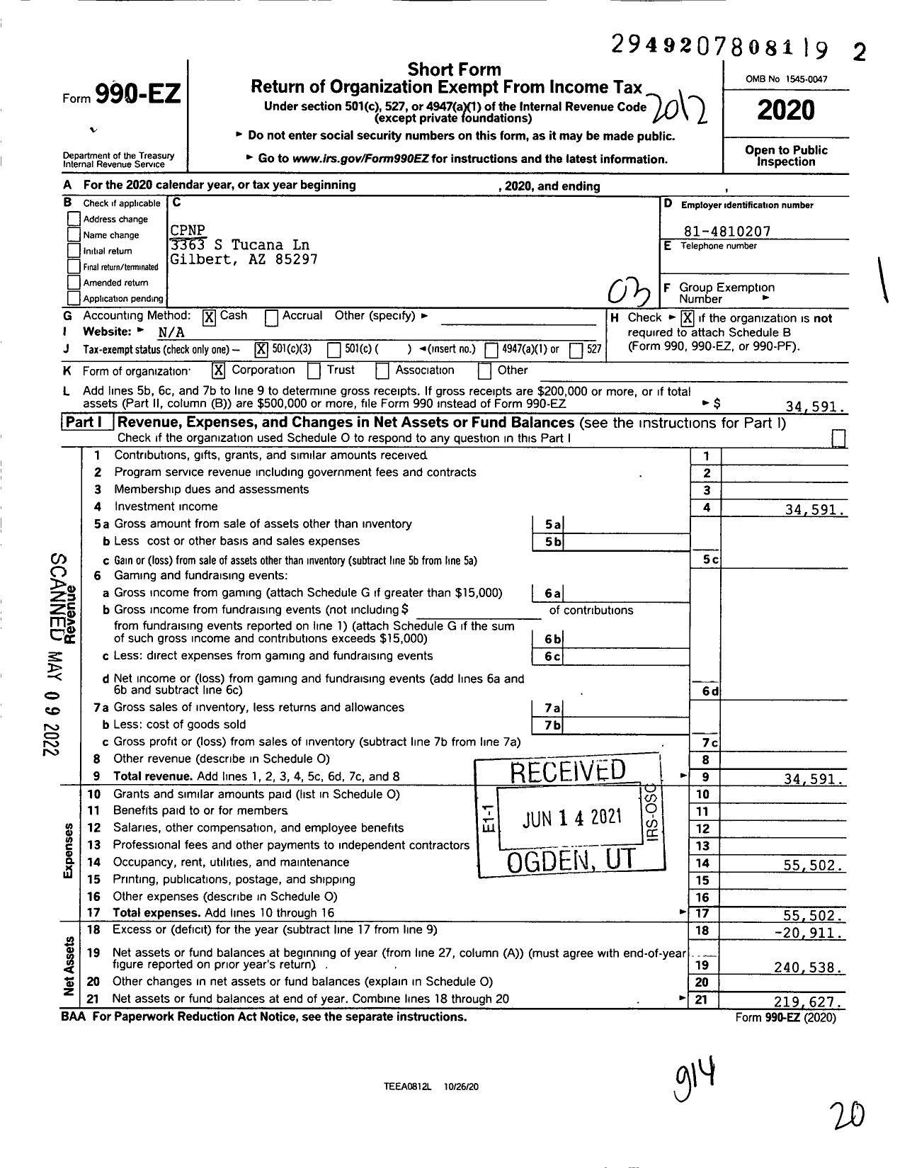 Image of first page of 2020 Form 990EZ for CPNP