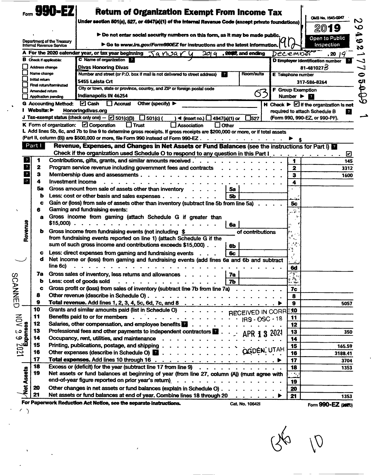 Image of first page of 2019 Form 990EZ for Divas Honoring Divas