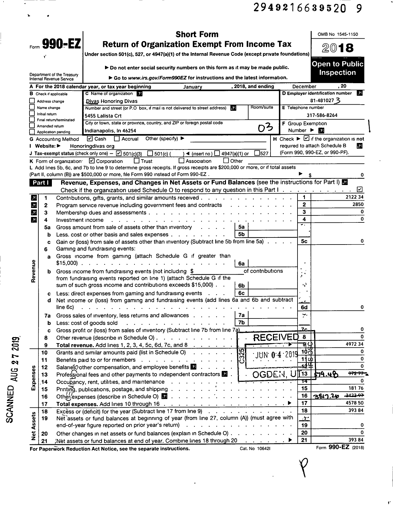 Image of first page of 2018 Form 990EZ for Divas Honoring Divas