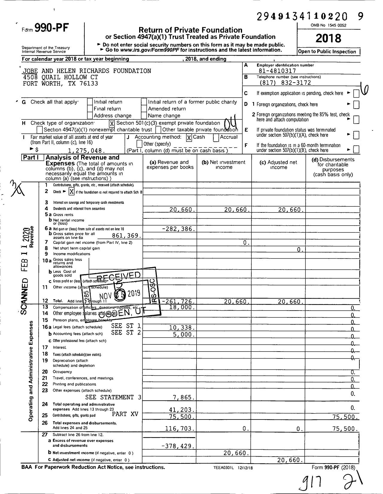 Image of first page of 2018 Form 990PF for Jobe and Helen Richards Foundation