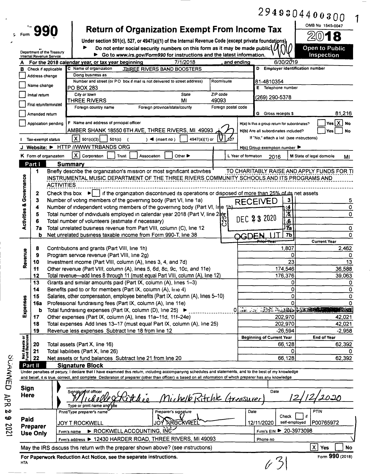 Image of first page of 2018 Form 990 for Three Rivers Band Boosters