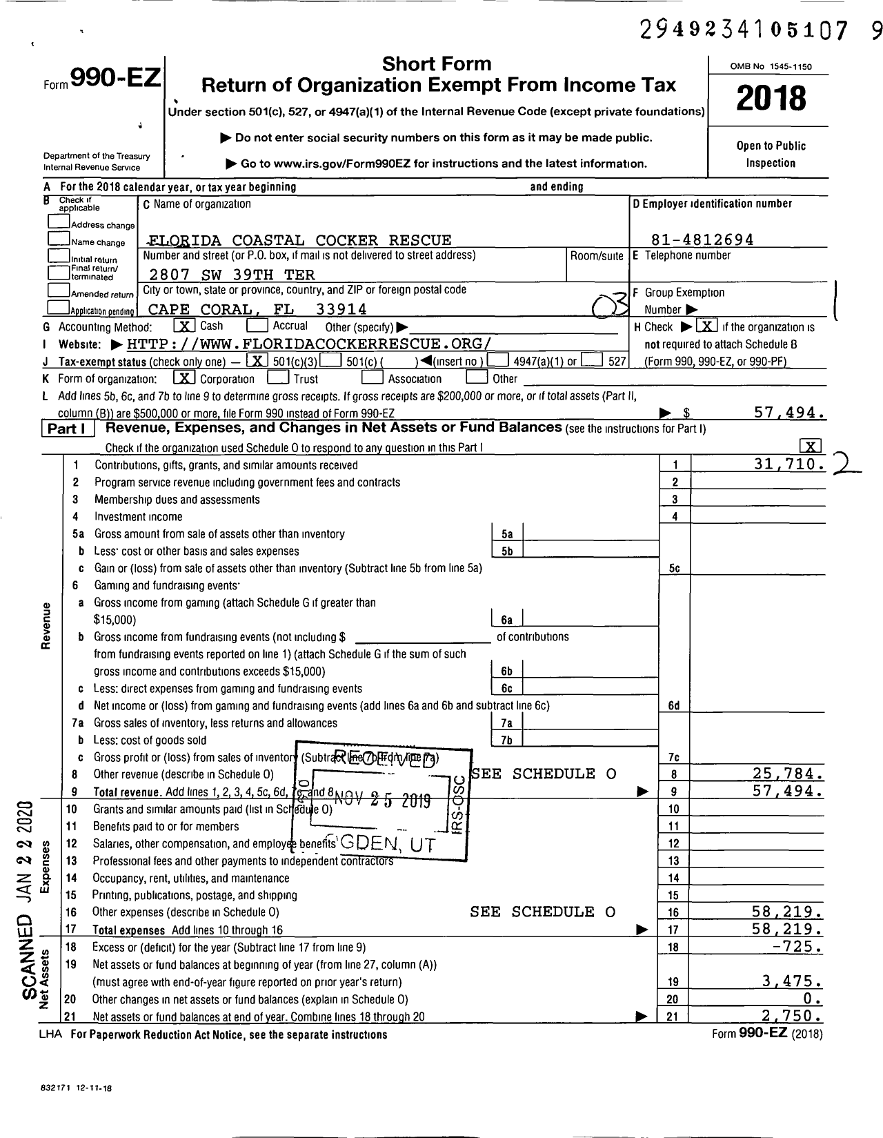 Image of first page of 2018 Form 990EZ for Florida Coastal Cocker Rescue