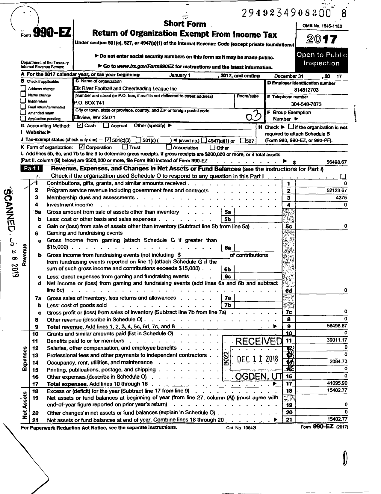 Image of first page of 2017 Form 990EZ for Elk River Youth Football and Cheerleading League