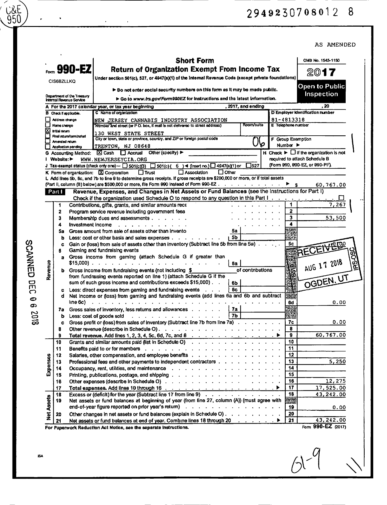 Image of first page of 2017 Form 990EO for New Jersey Cannabis Industry Association