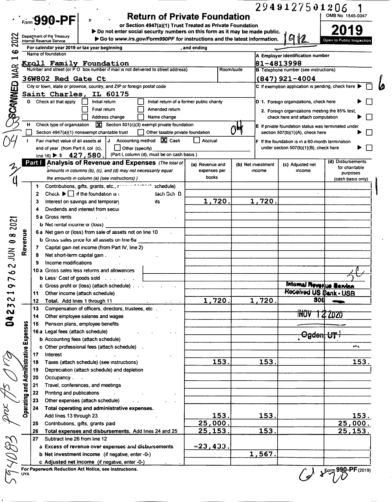 Image of first page of 2019 Form 990PF for Kroll Family Foundation