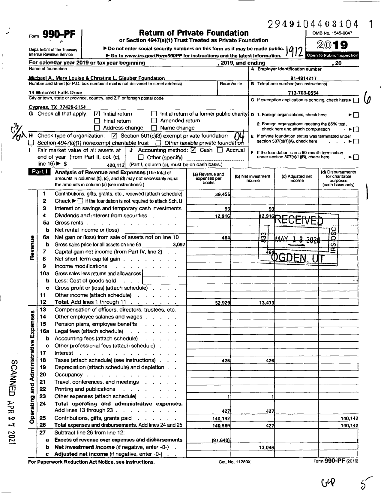 Image of first page of 2019 Form 990PF for Michael A Mary Louise and Christine L Glauber Foundation