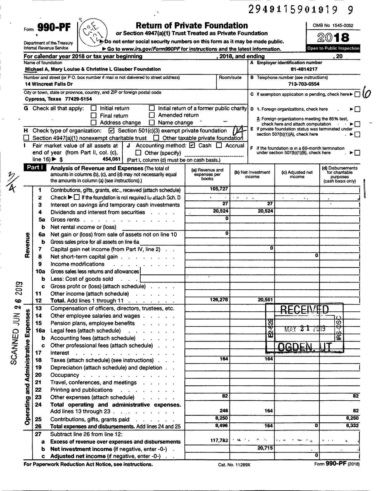 Image of first page of 2018 Form 990PF for Michael A Mary Louise and Christine L Glauber Foundation