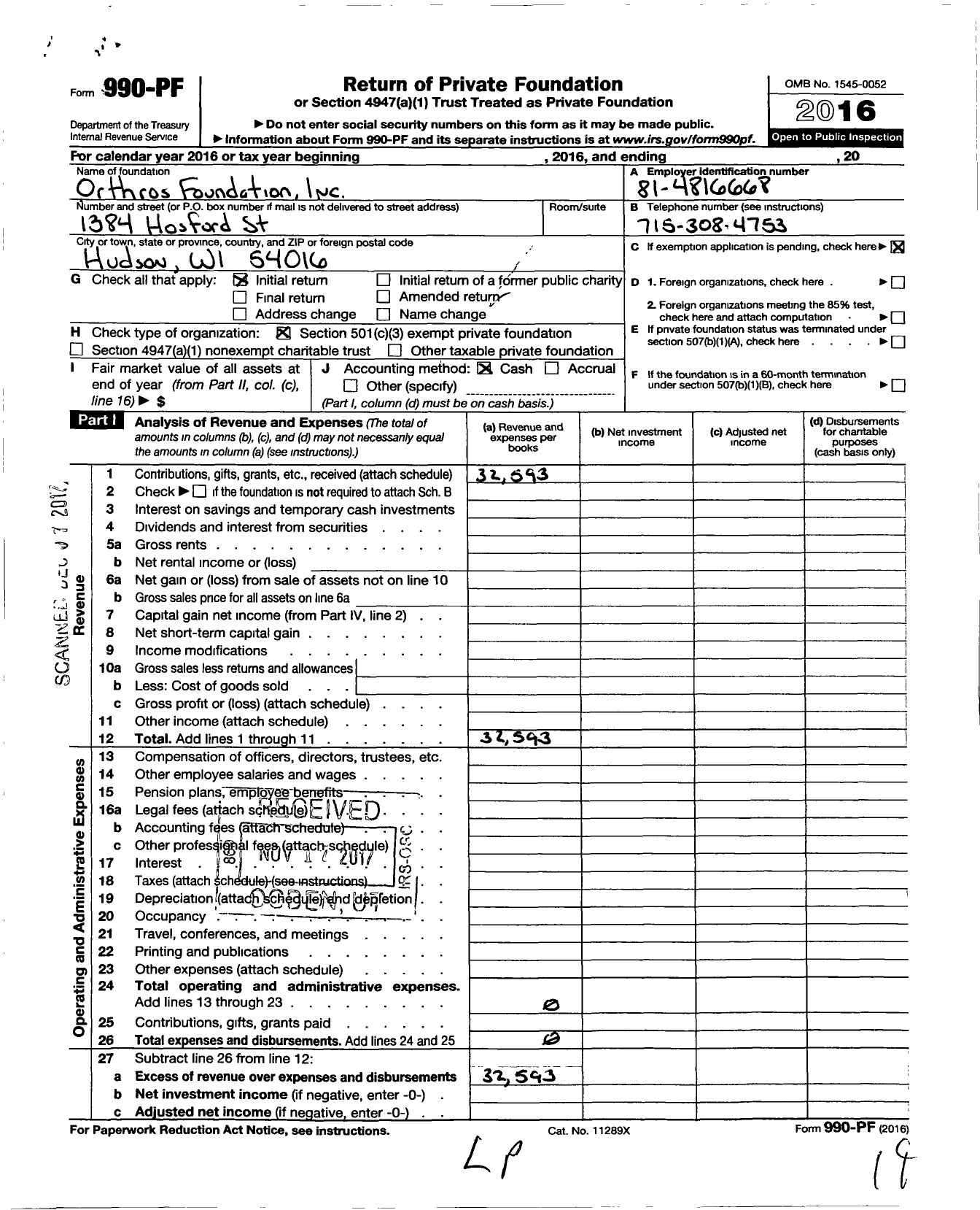 Image of first page of 2016 Form 990PF for Orthros Foundation