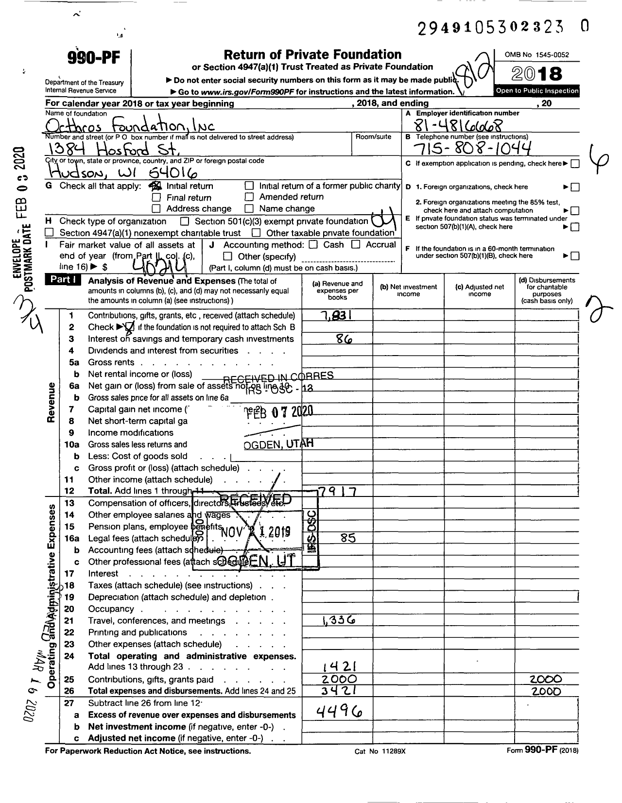 Image of first page of 2018 Form 990PR for Orthros Foundation