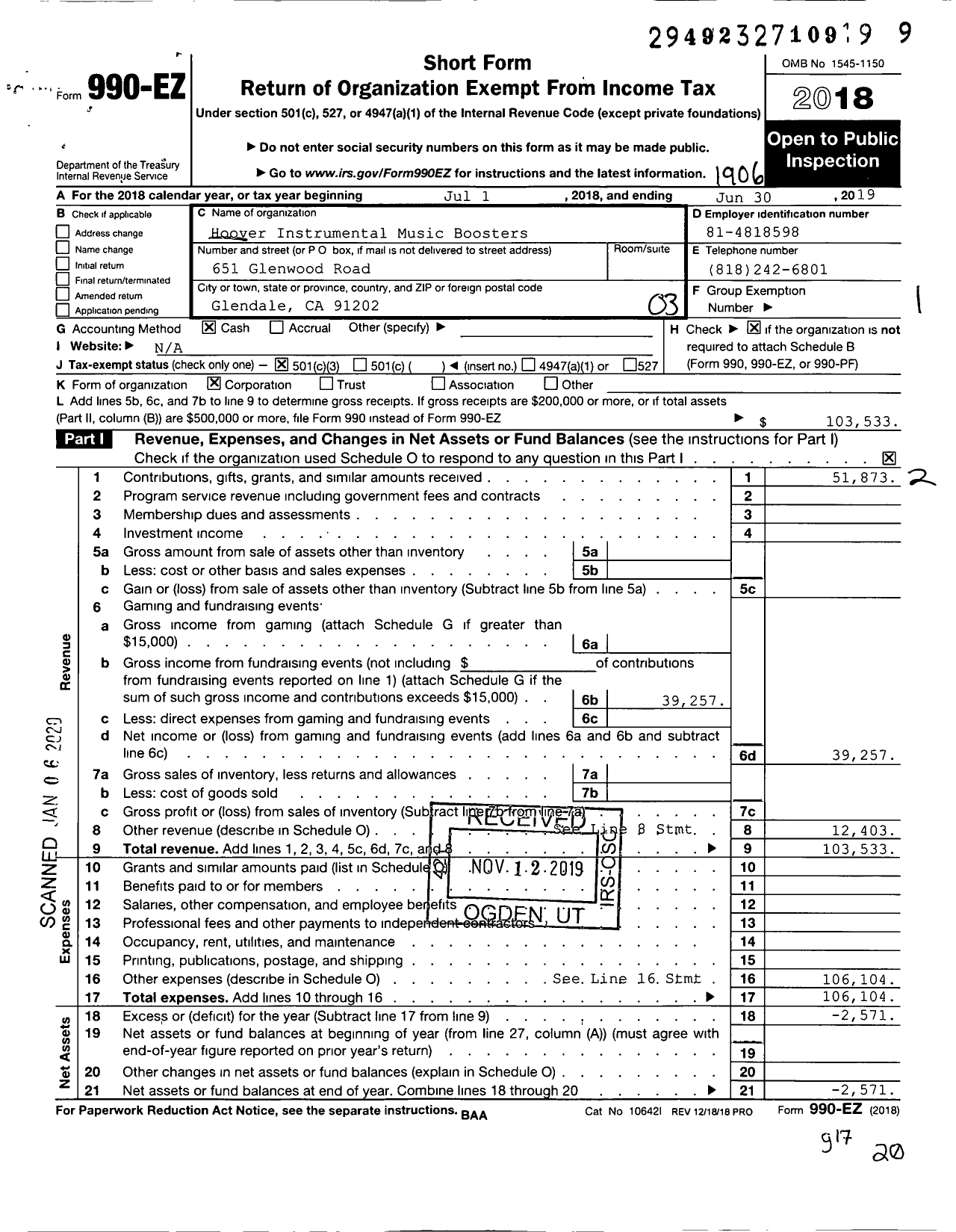 Image of first page of 2018 Form 990EZ for Hoover Instrumental Music Boosters