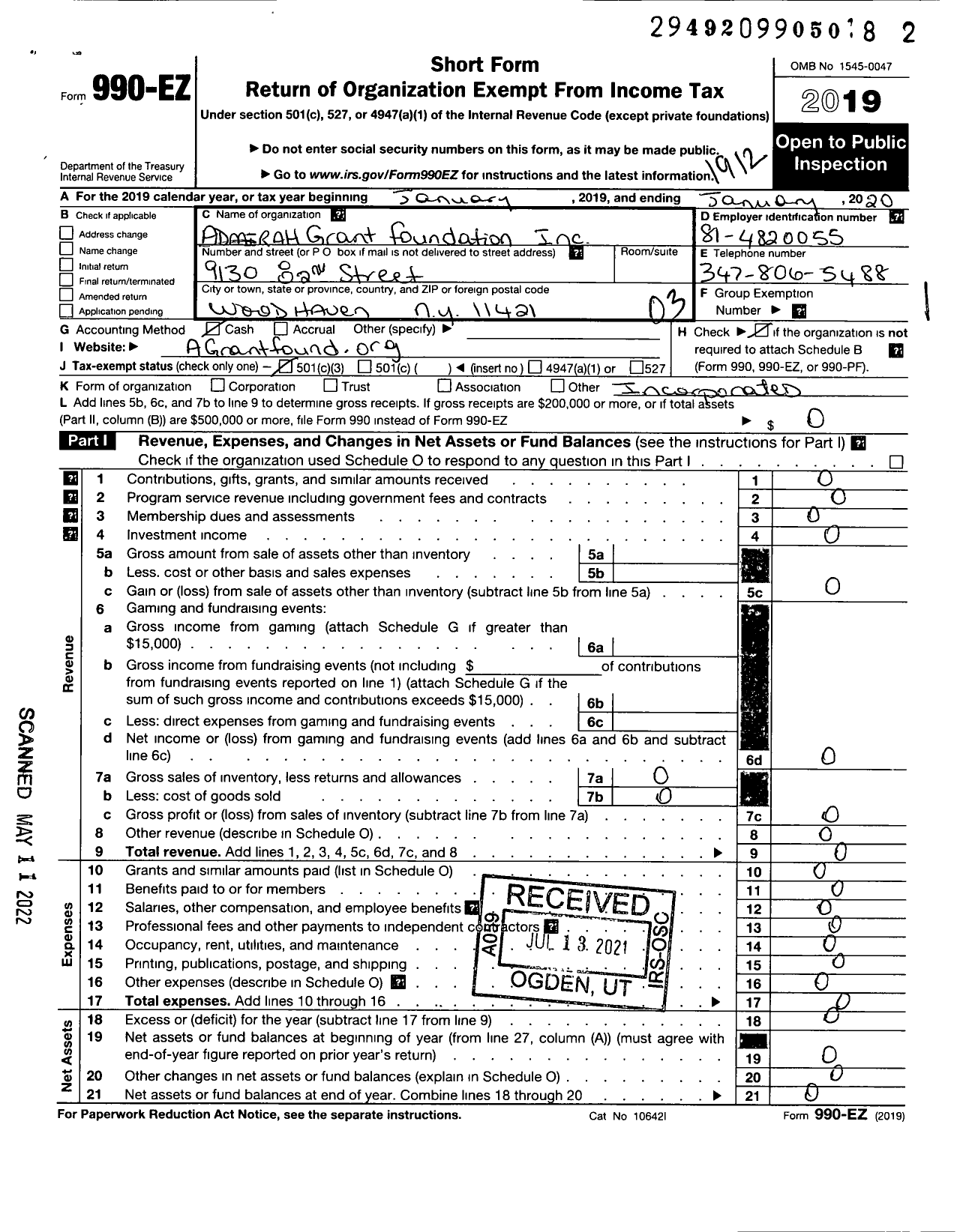 Image of first page of 2019 Form 990EZ for Admirahgrant Foundation