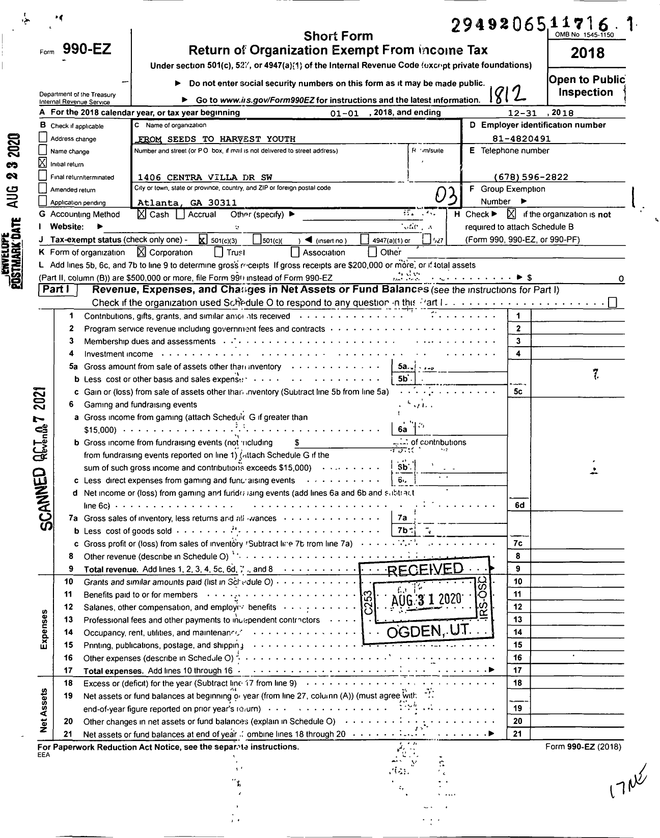 Image of first page of 2018 Form 990EZ for From Seeds To Harvest Youth Foundation