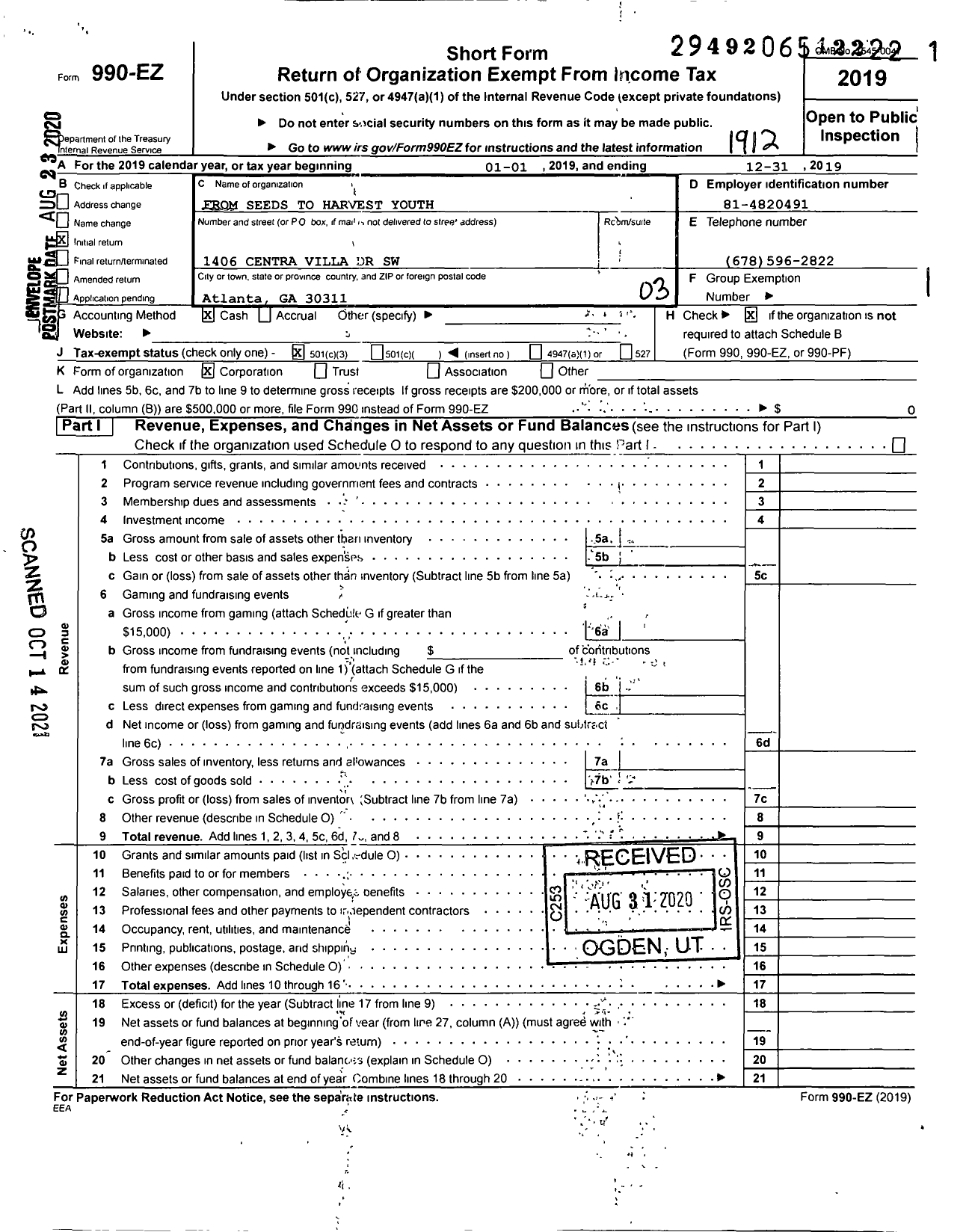 Image of first page of 2019 Form 990EZ for From Seeds To Harvest Youth Foundation