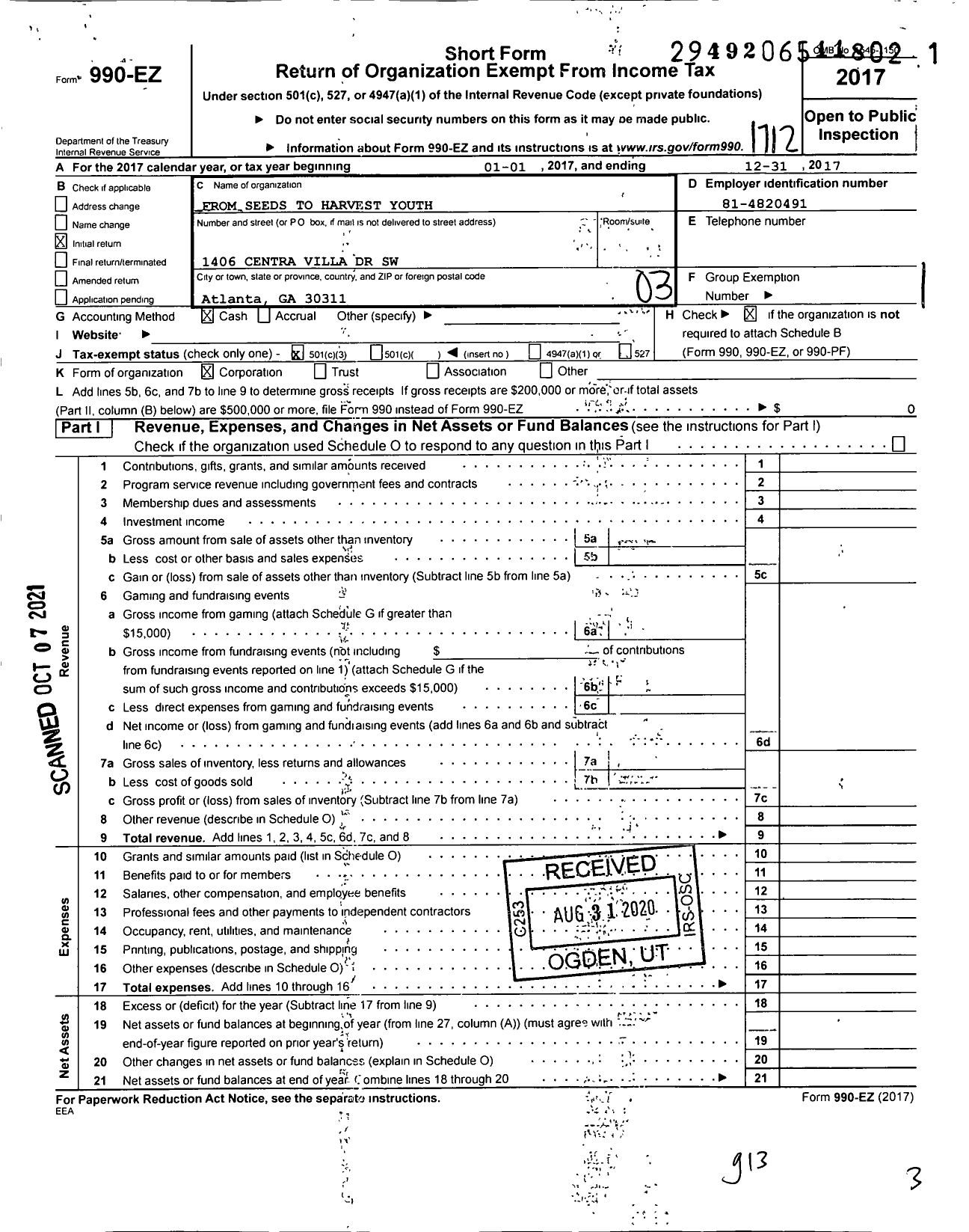 Image of first page of 2017 Form 990EZ for From Seeds To Harvest Youth Foundation