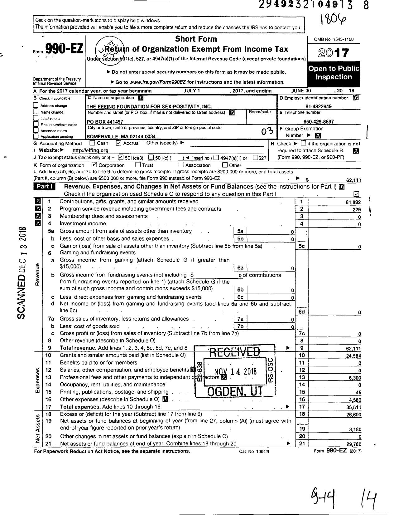 Image of first page of 2017 Form 990EZ for The Effing Foundation