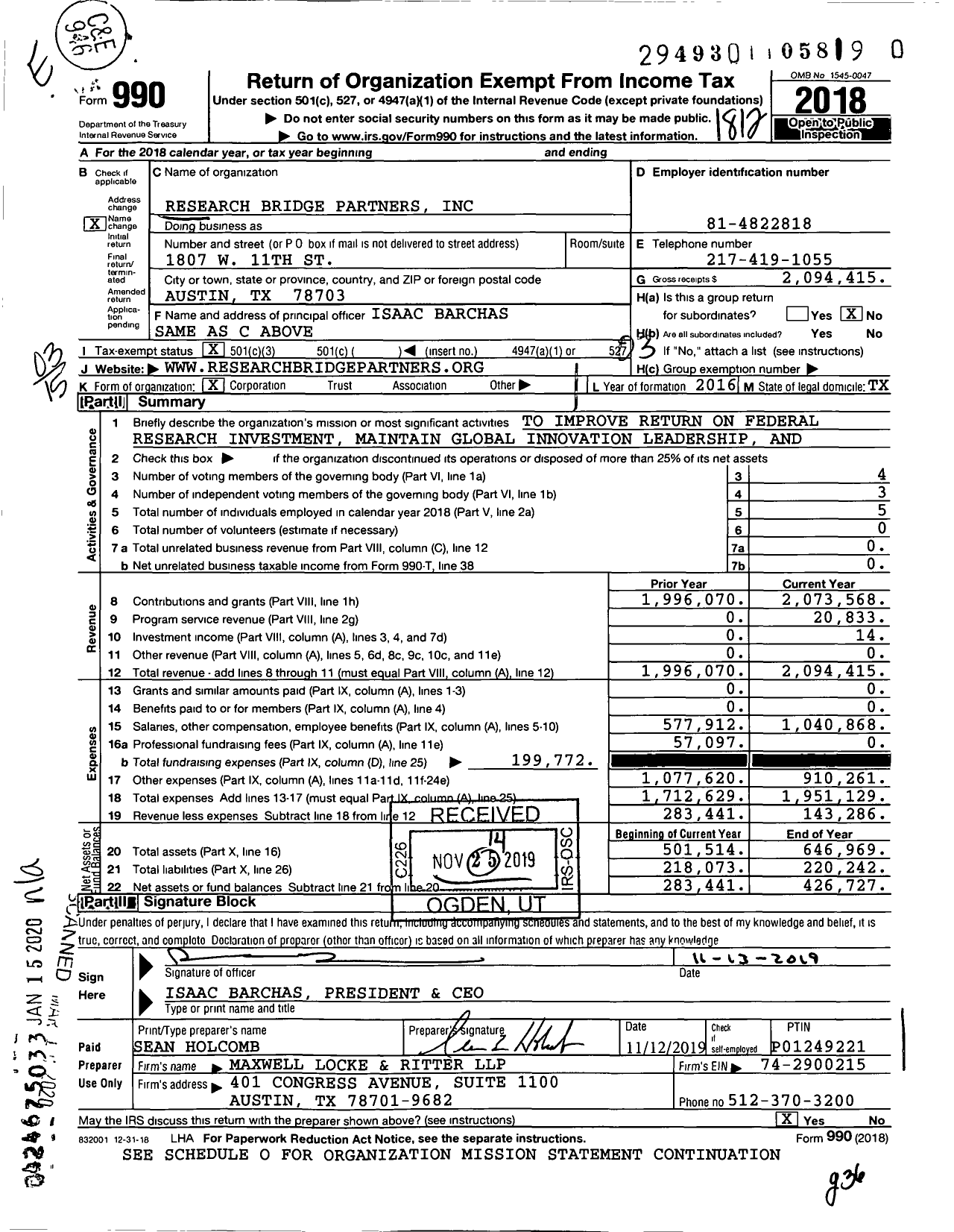 Image of first page of 2018 Form 990 for Research Bridge Partners