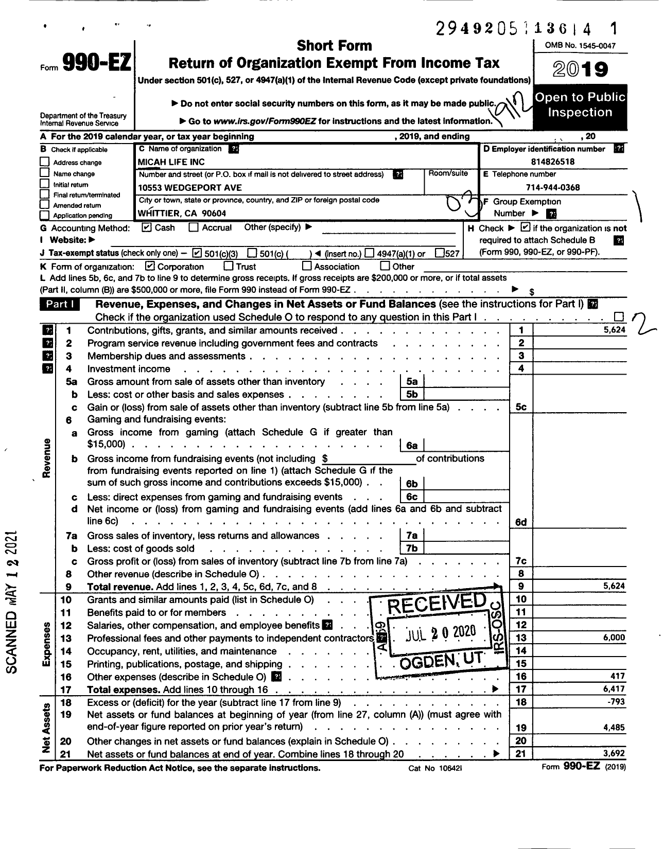 Image of first page of 2019 Form 990EZ for Micah Life