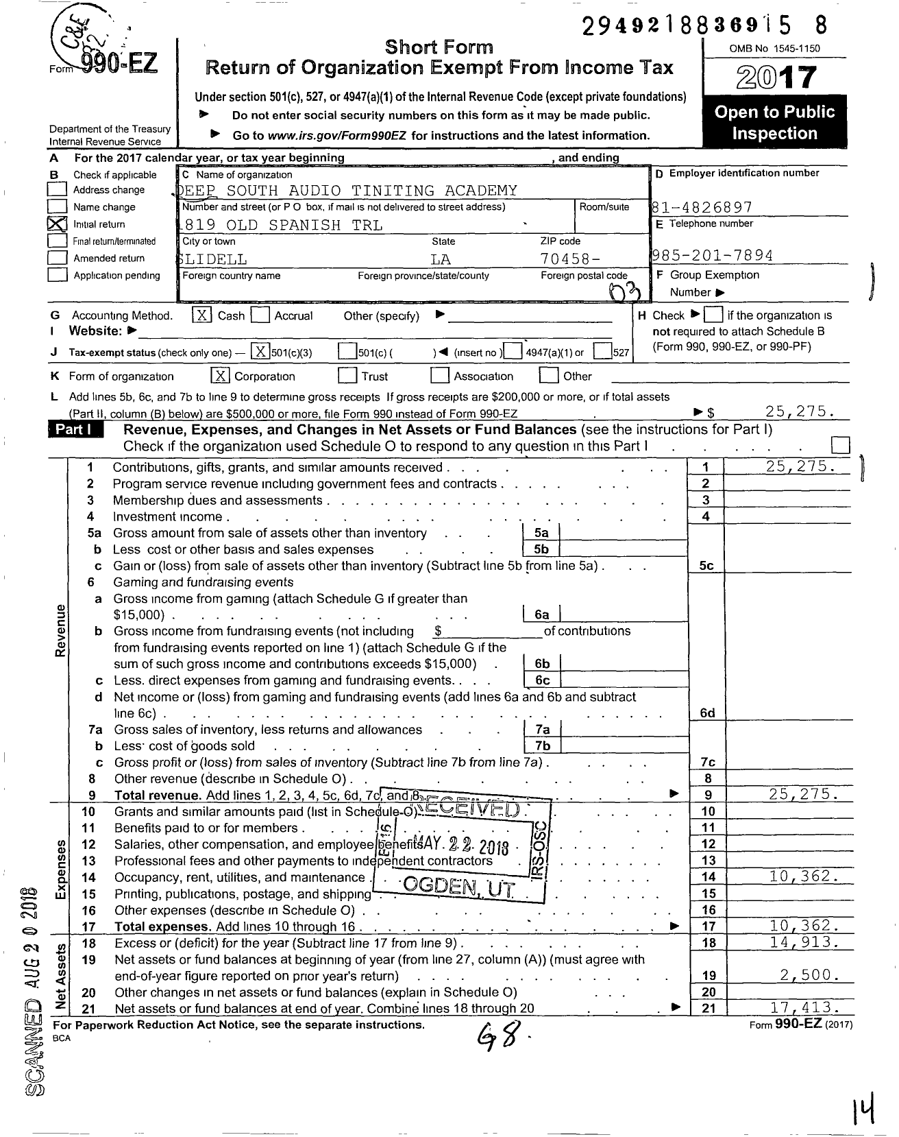 Image of first page of 2017 Form 990EZ for Deep South Sudio Tiniting Academy