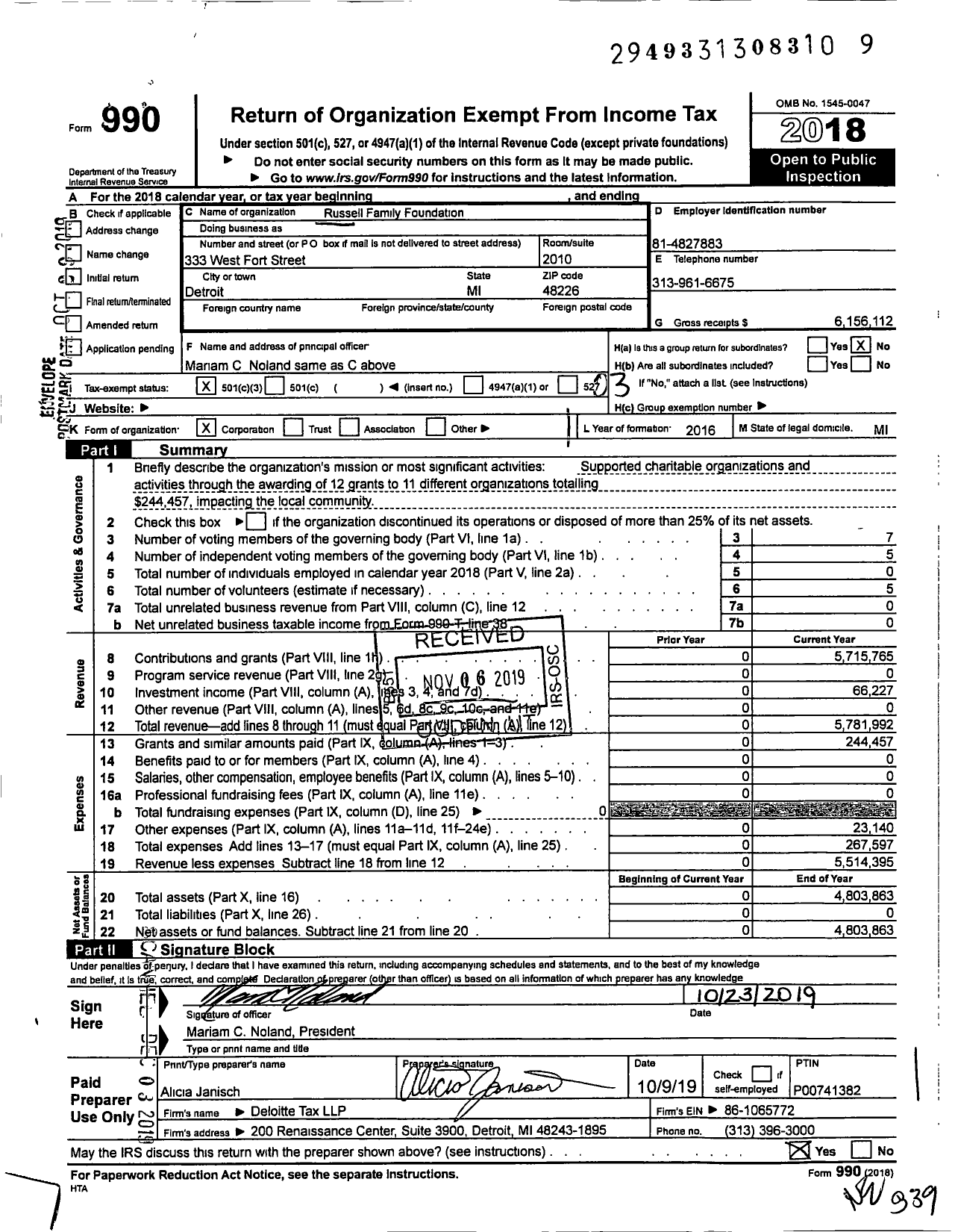 Image of first page of 2018 Form 990 for Russell Family Foundation