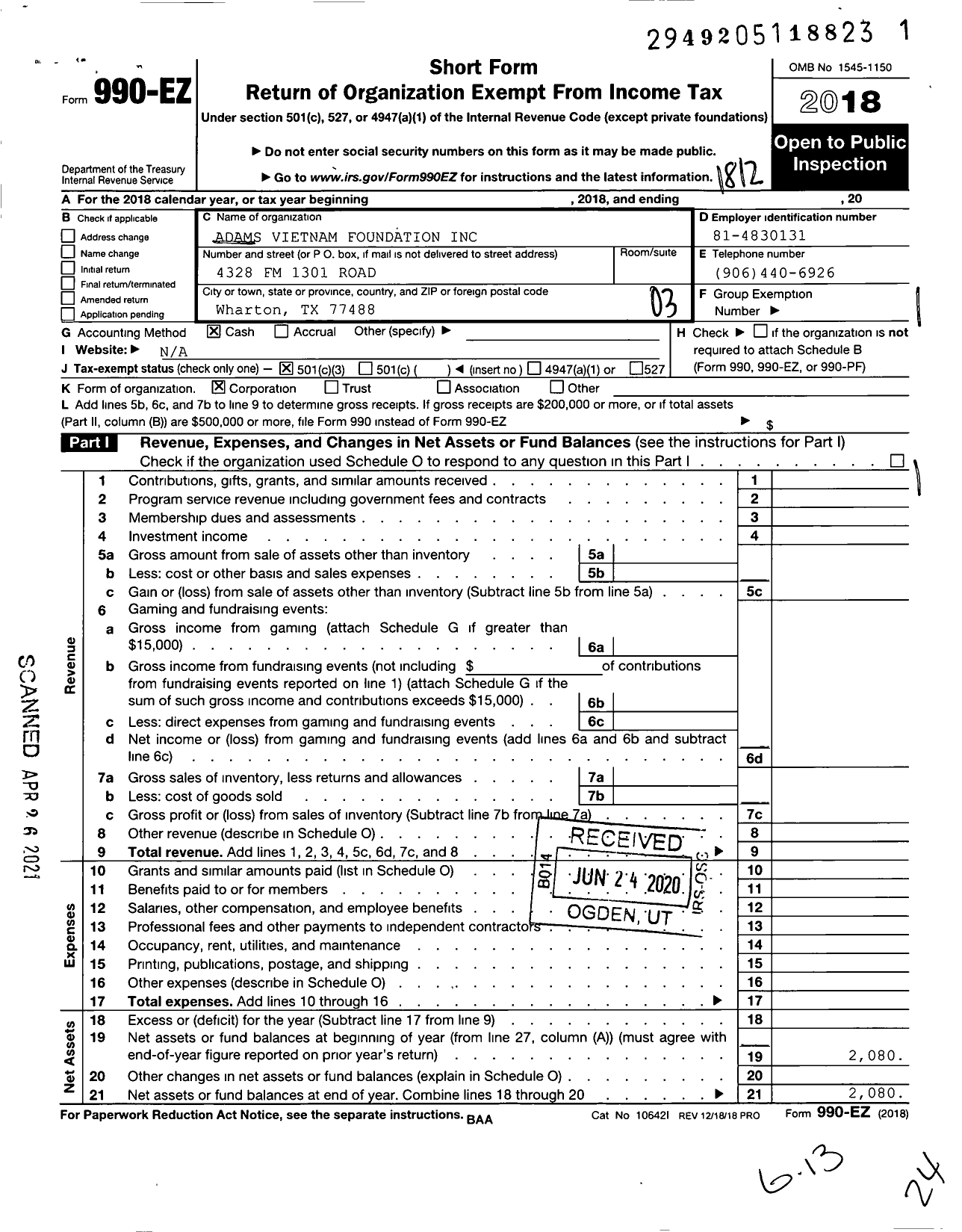 Image of first page of 2018 Form 990EZ for Adams Vietnam Foundation