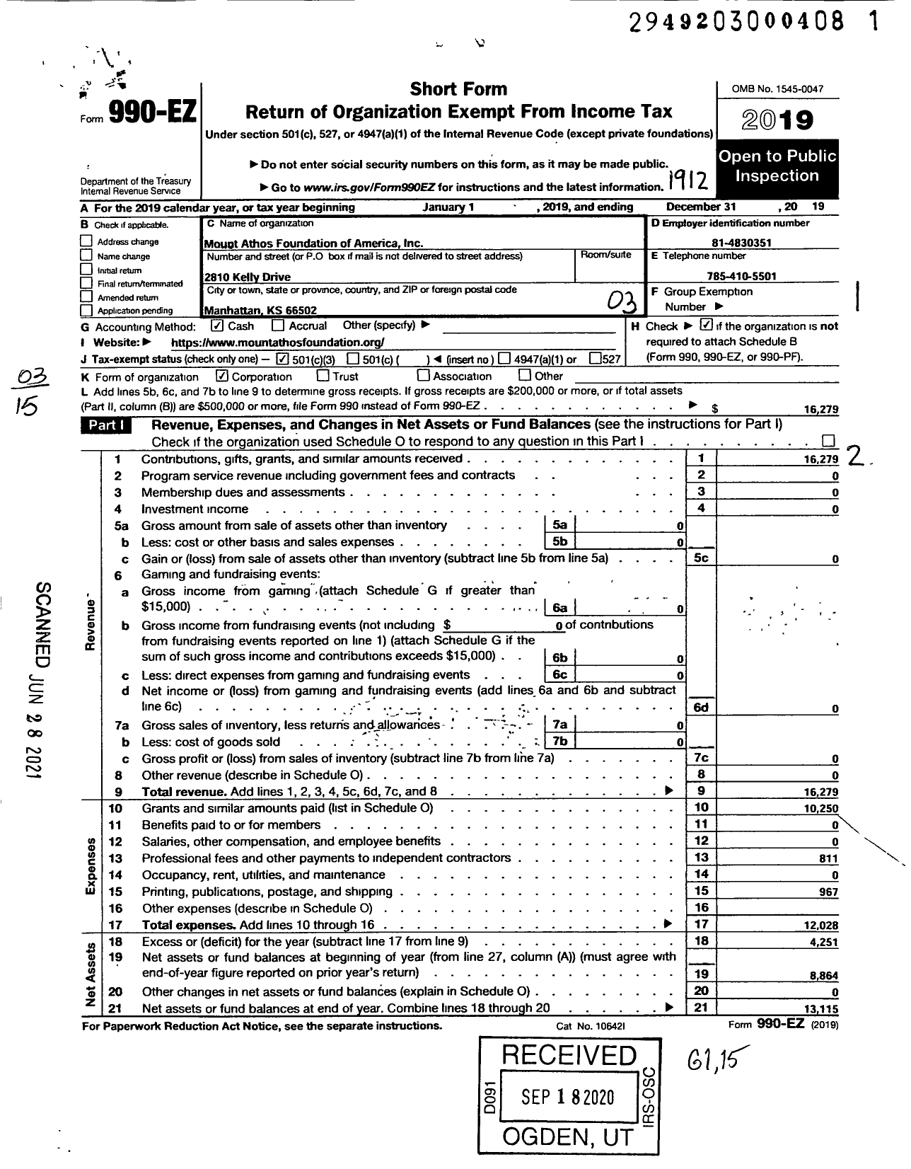 Image of first page of 2019 Form 990EZ for Mount Athos Foundation of America