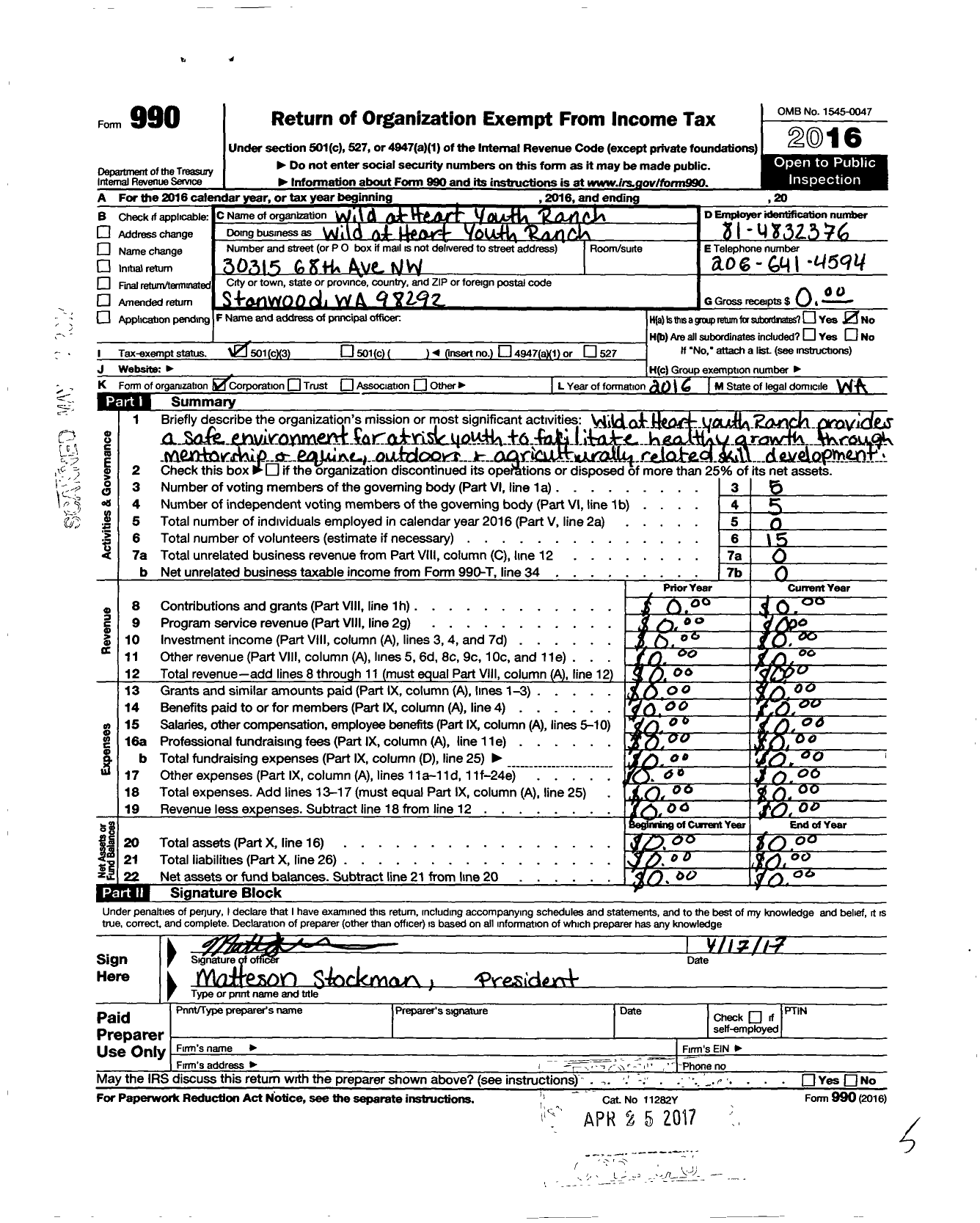 Image of first page of 2016 Form 990 for Wild at Heart Youth Ranch