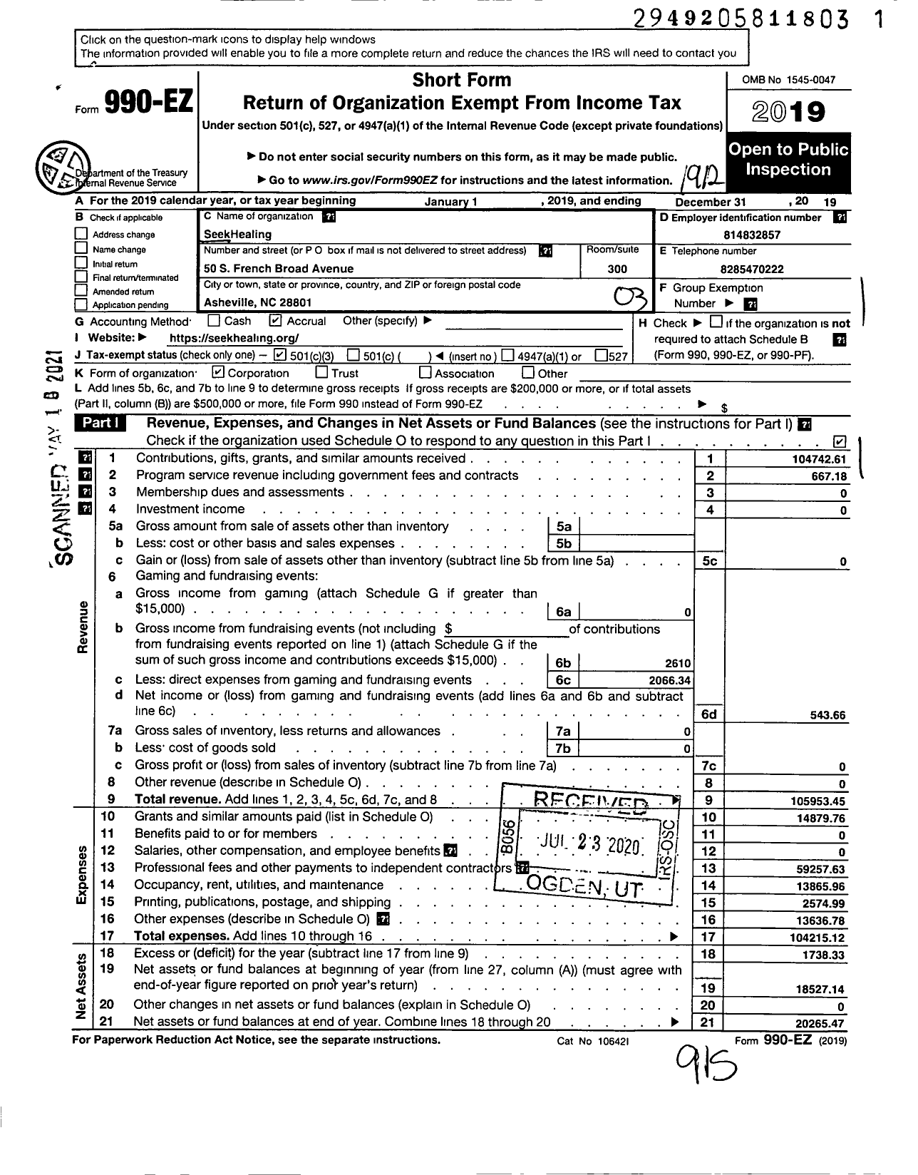 Image of first page of 2019 Form 990EZ for SeekHealing