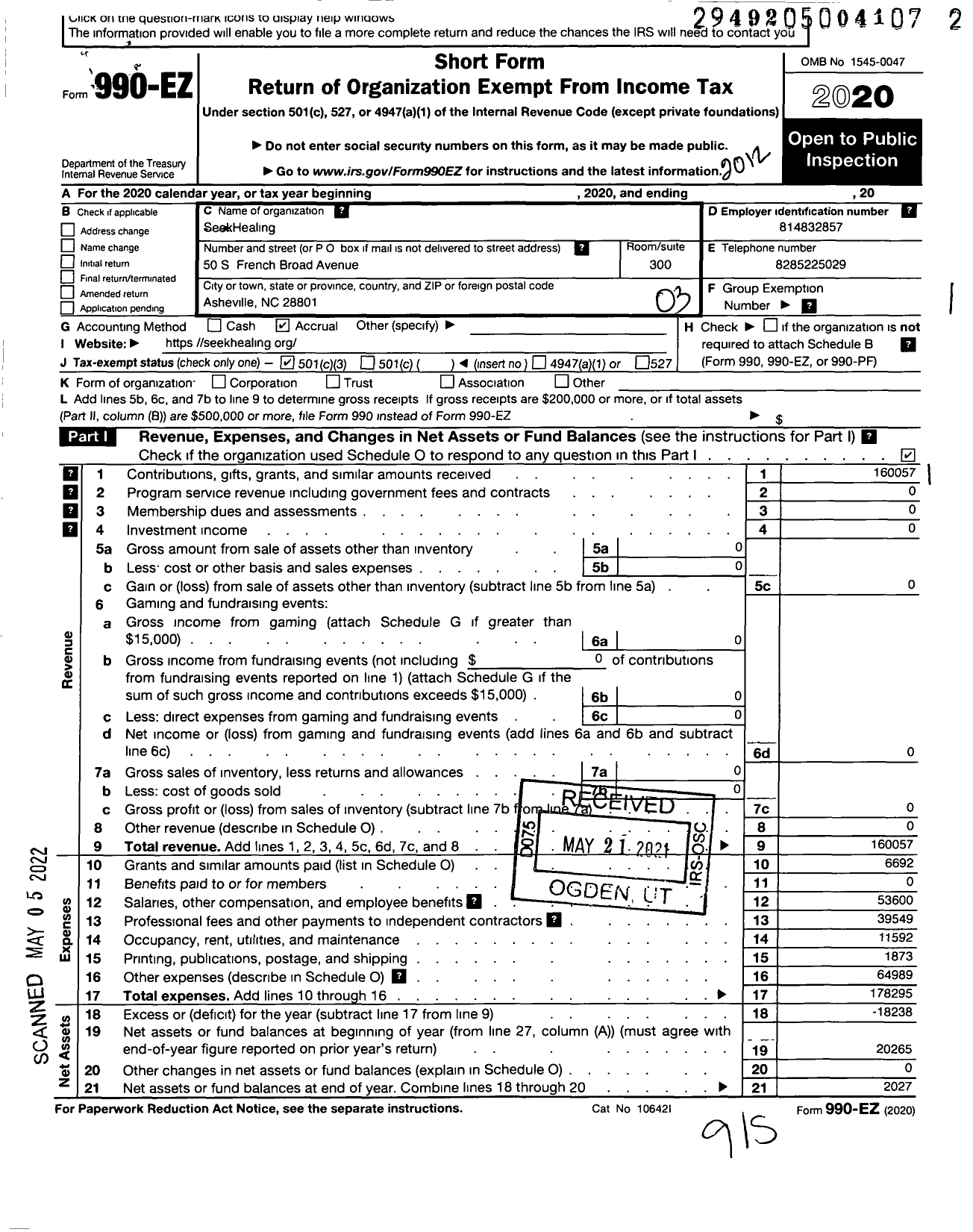 Image of first page of 2020 Form 990EZ for SeekHealing