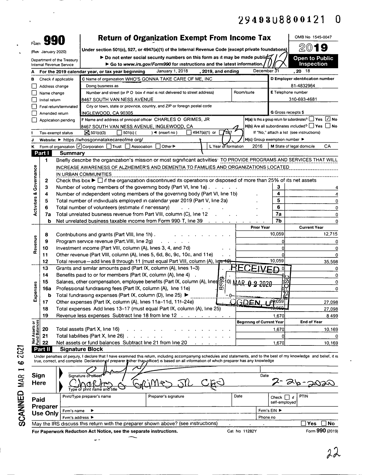 Image of first page of 2018 Form 990 for Whos Gonna Take Care of Me