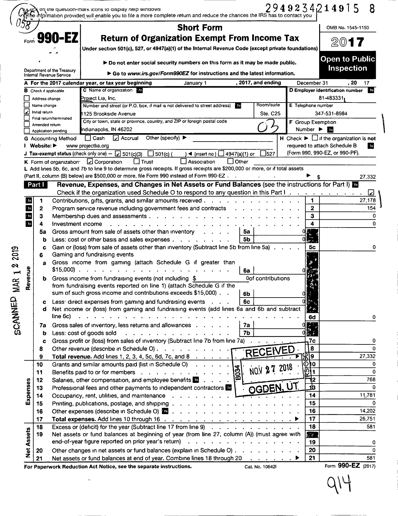 Image of first page of 2017 Form 990EZ for Project Lia