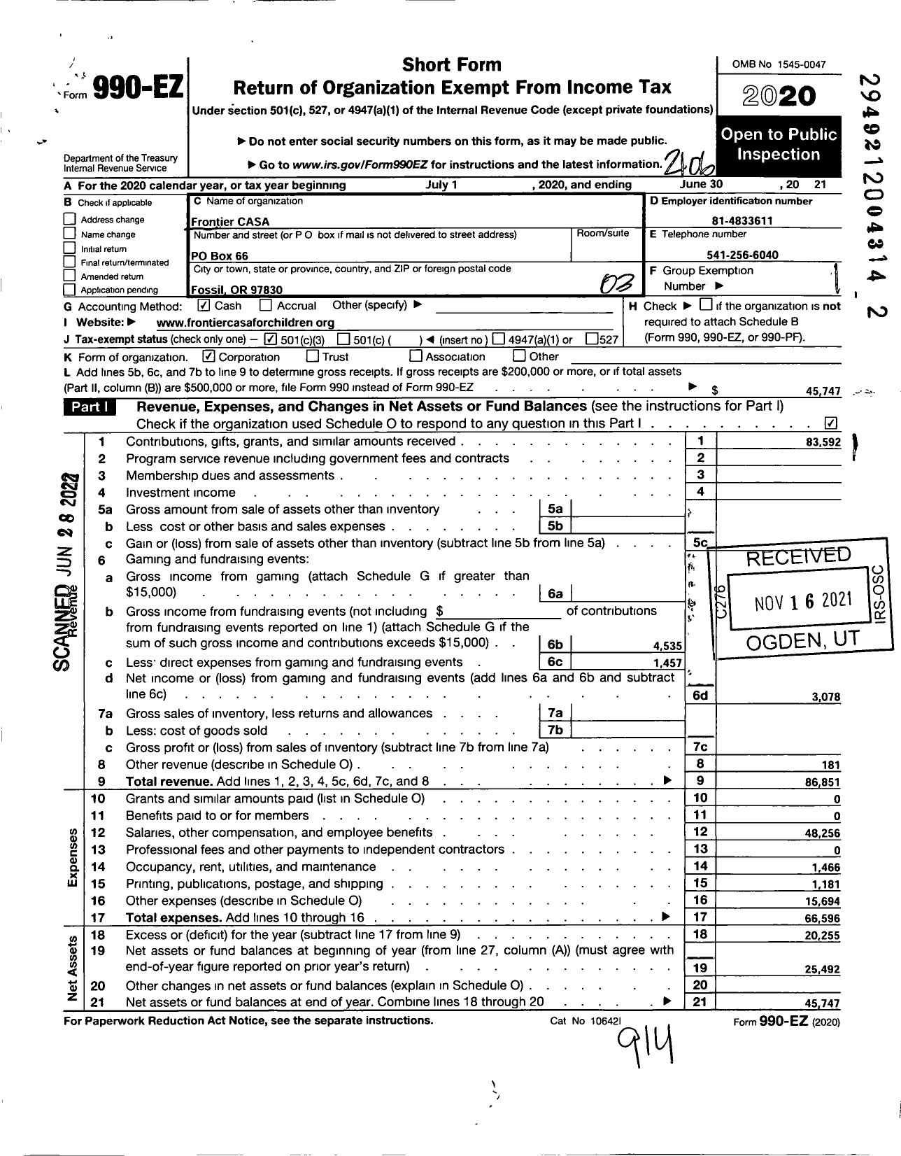 Image of first page of 2020 Form 990EZ for Frontier CASA