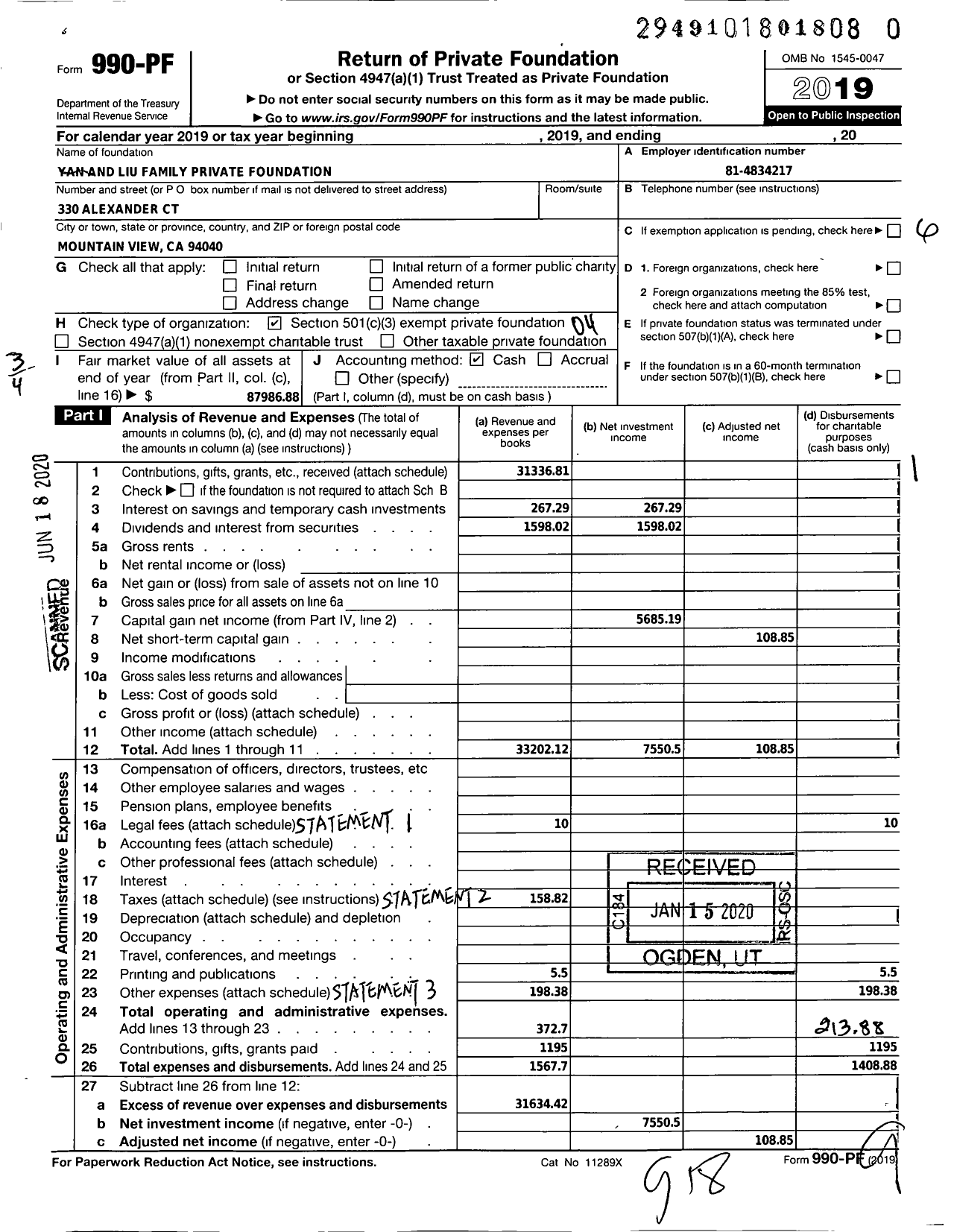 Image of first page of 2019 Form 990PR for Yan and Liu Family Private Foundation