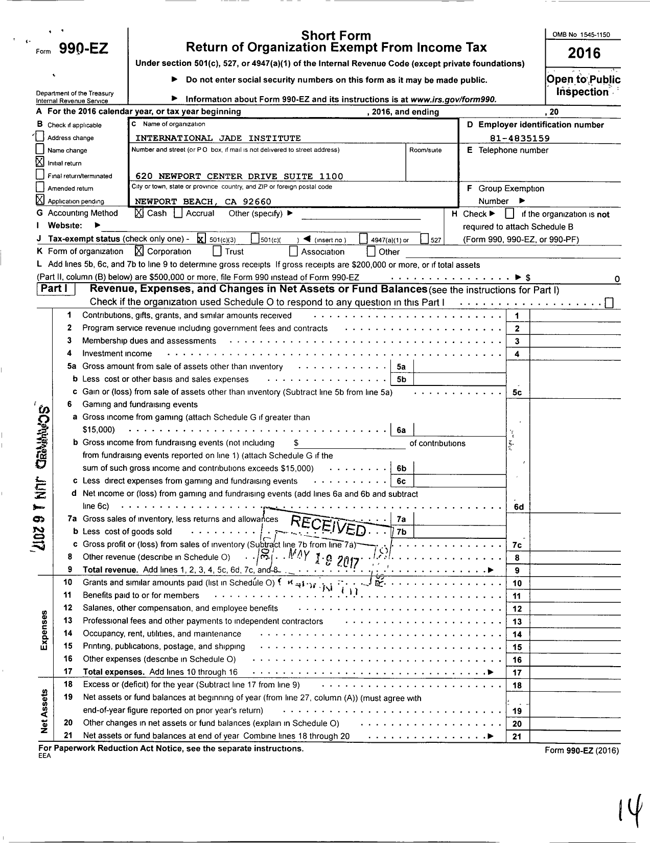 Image of first page of 2016 Form 990EZ for International Jade Institute