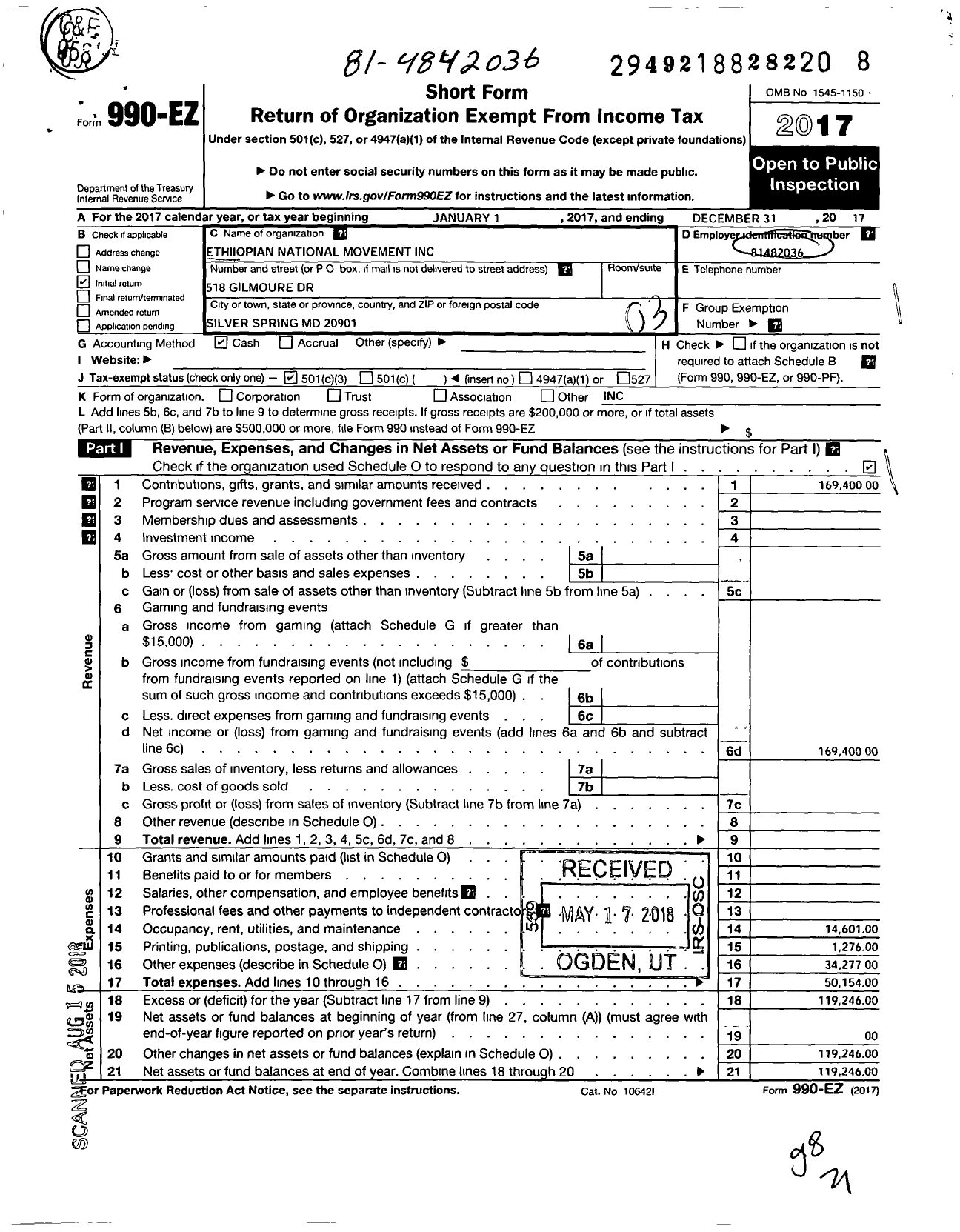 Image of first page of 2017 Form 990EZ for Ethiopian National Movement