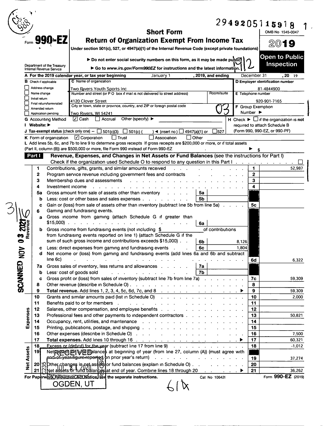 Image of first page of 2019 Form 990EZ for Two Rivers Youth Sports