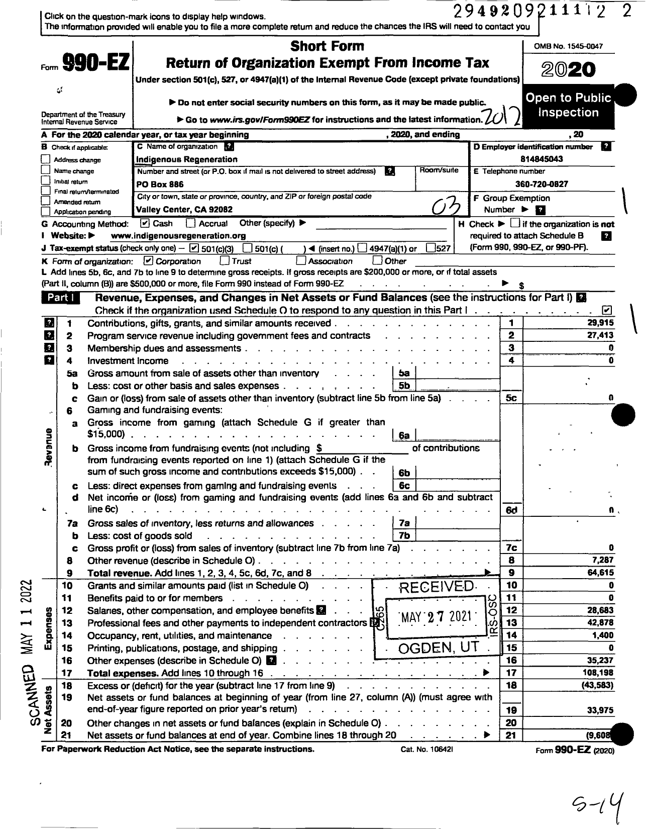 Image of first page of 2020 Form 990EZ for Indigenous Regeneration