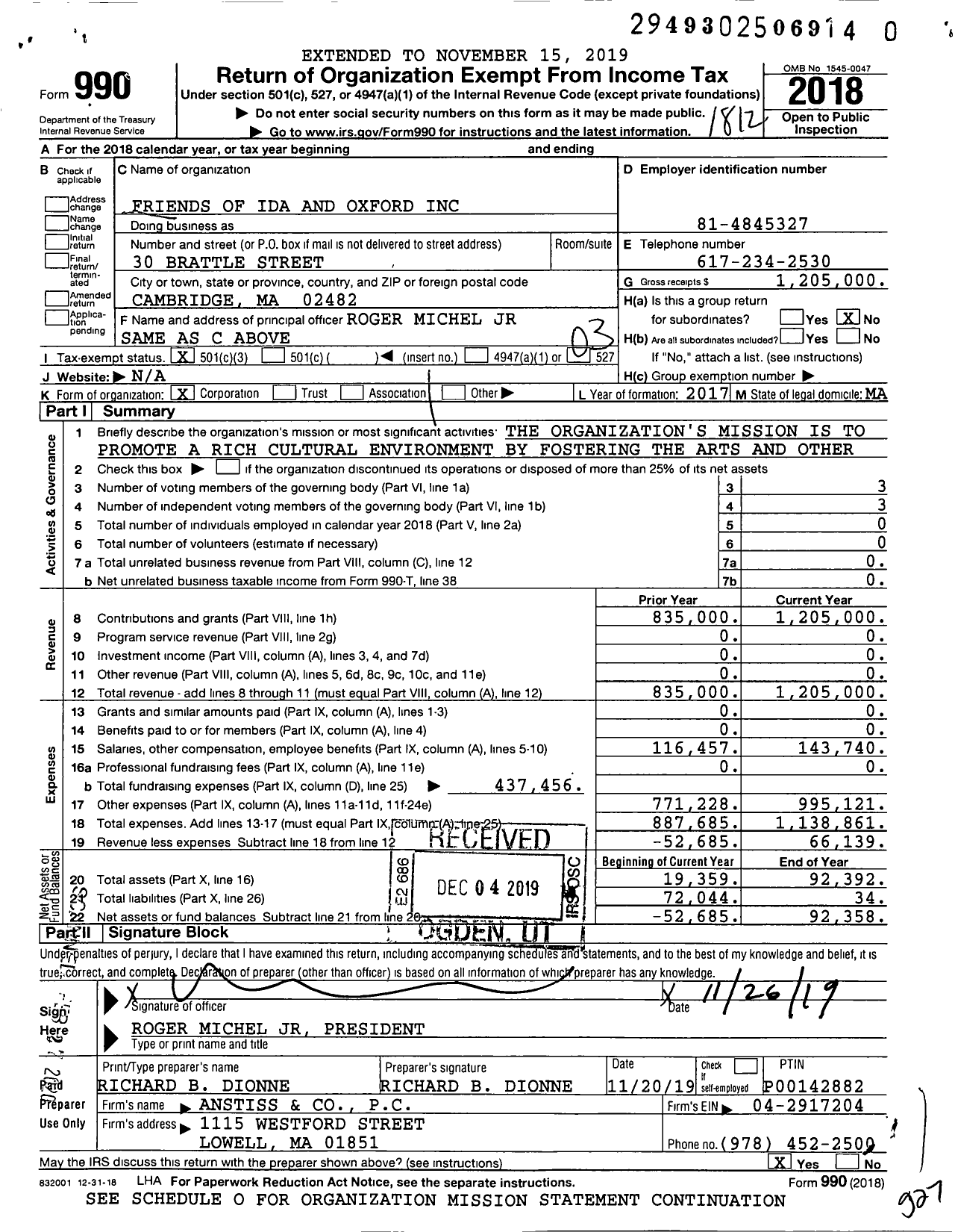 Image of first page of 2018 Form 990 for Friends of Ida and Oxford