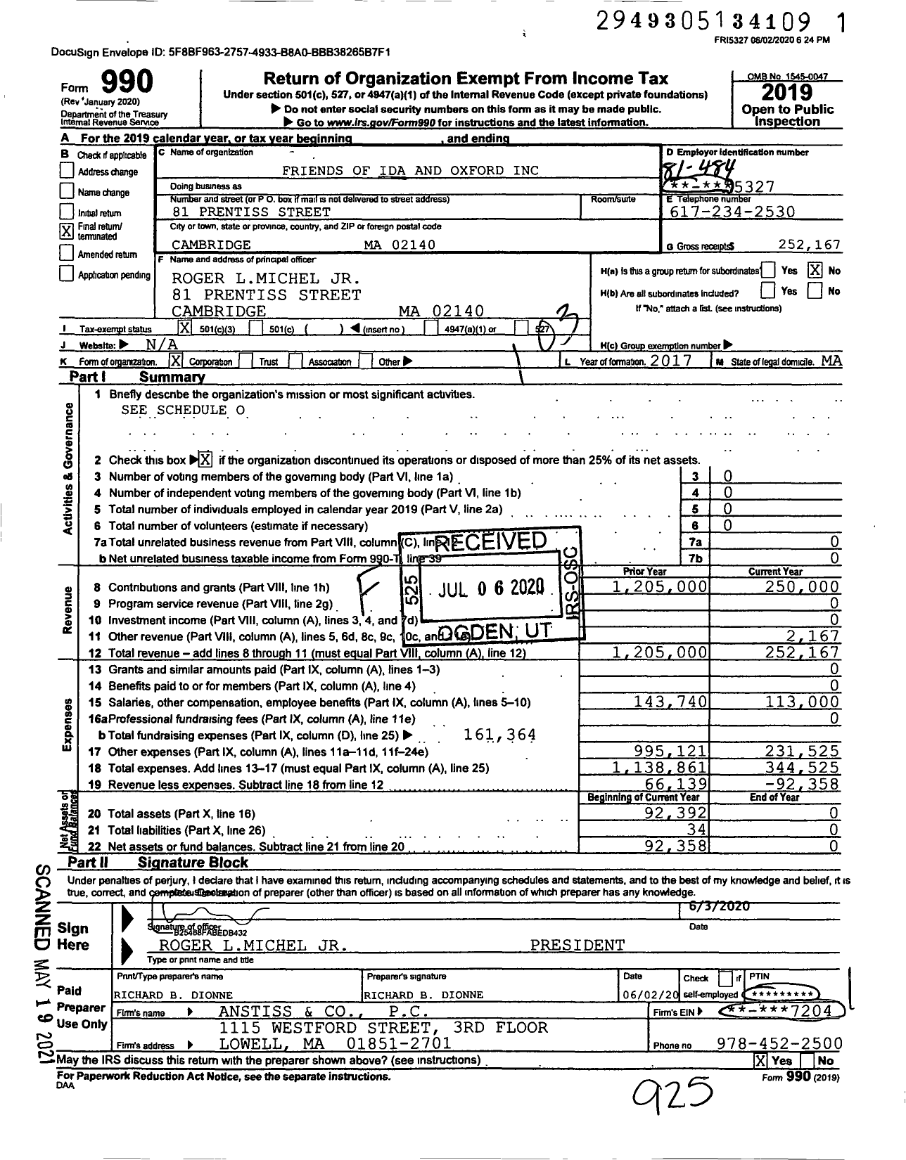 Image of first page of 2019 Form 990 for Friends of Ida and Oxford