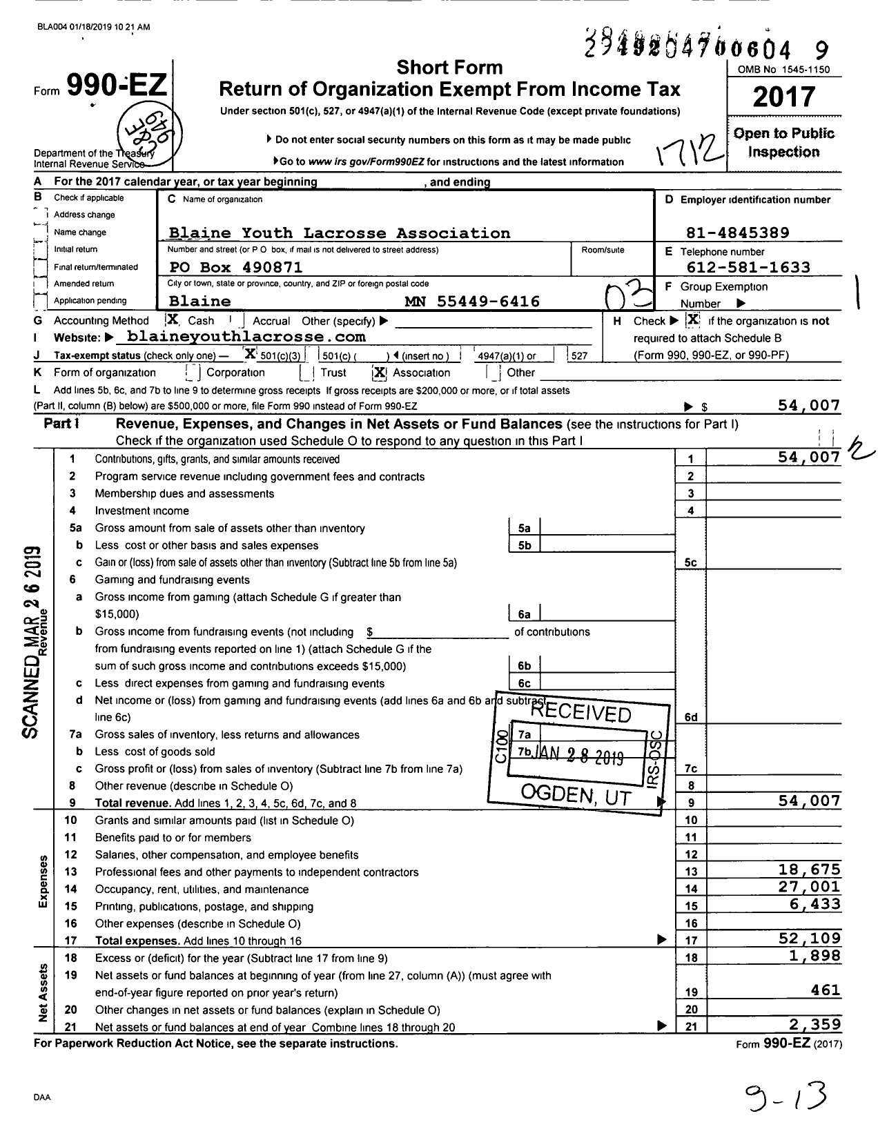 Image of first page of 2017 Form 990EZ for Blaine Youth Lacrosse Association