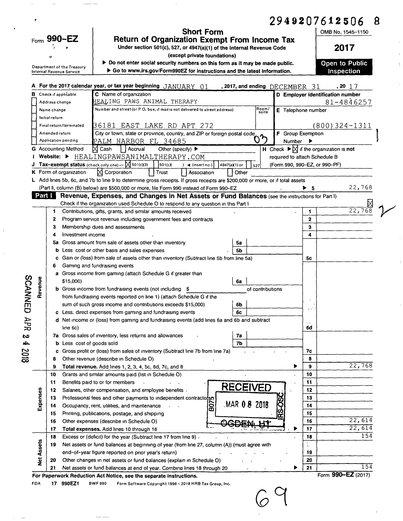 Image of first page of 2017 Form 990EZ for Healing Paws Animal Therapy