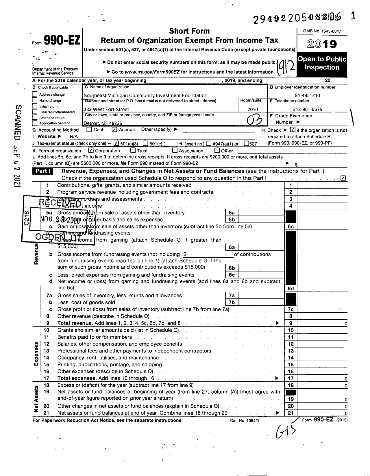 Image of first page of 2019 Form 990EZ for Southeast Michigan Community Investment Foundation